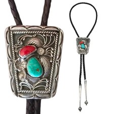 Vintage Native American Navajo Turquoise & Red Coral Silver Bolo Signed D.REEVES picture